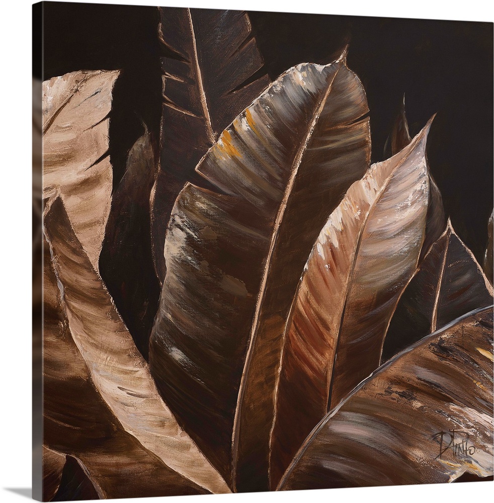 Contemporary painting of big lush tropical leaves.