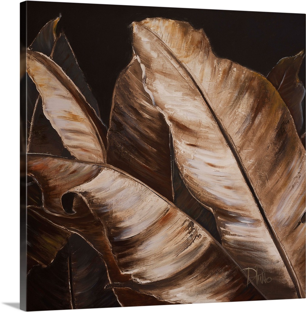 Contemporary painting of big lush tropical leaves.