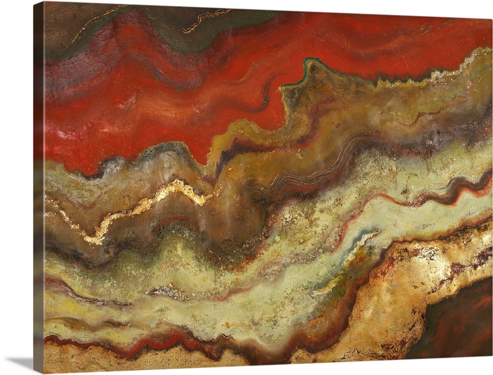 Mixed media contemporary artwork of abstract waves of rusty, rocky colors, resembling sedimentary layers and natural miner...