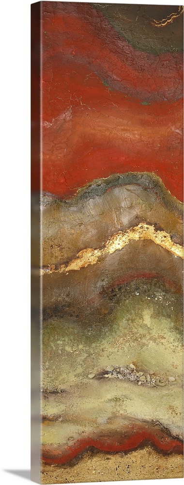 This piece of abstract artwork has a rust like pattern with red mostly shown on top of the thin vertical print and neutral...