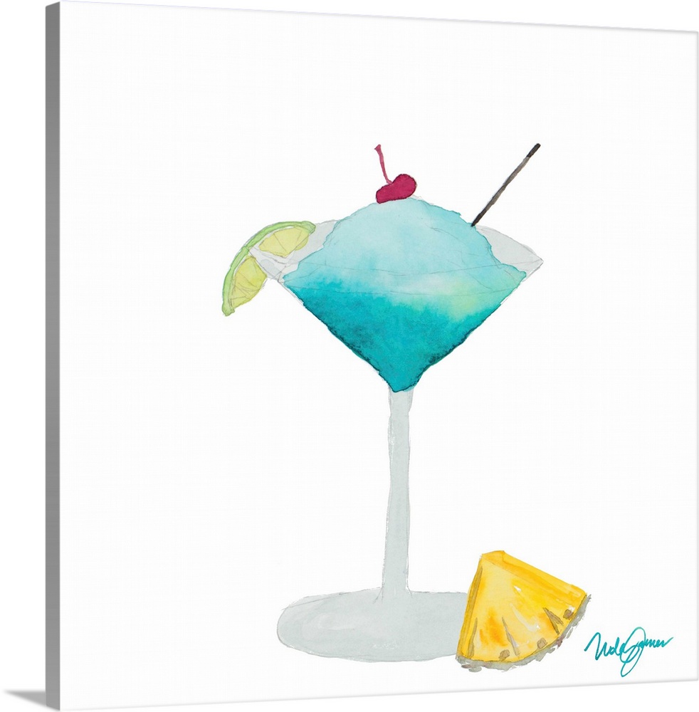 Square watercolor painting of a tropical blue cocktail in a martini glass with a cherry on top, lime on the rim, and pinea...
