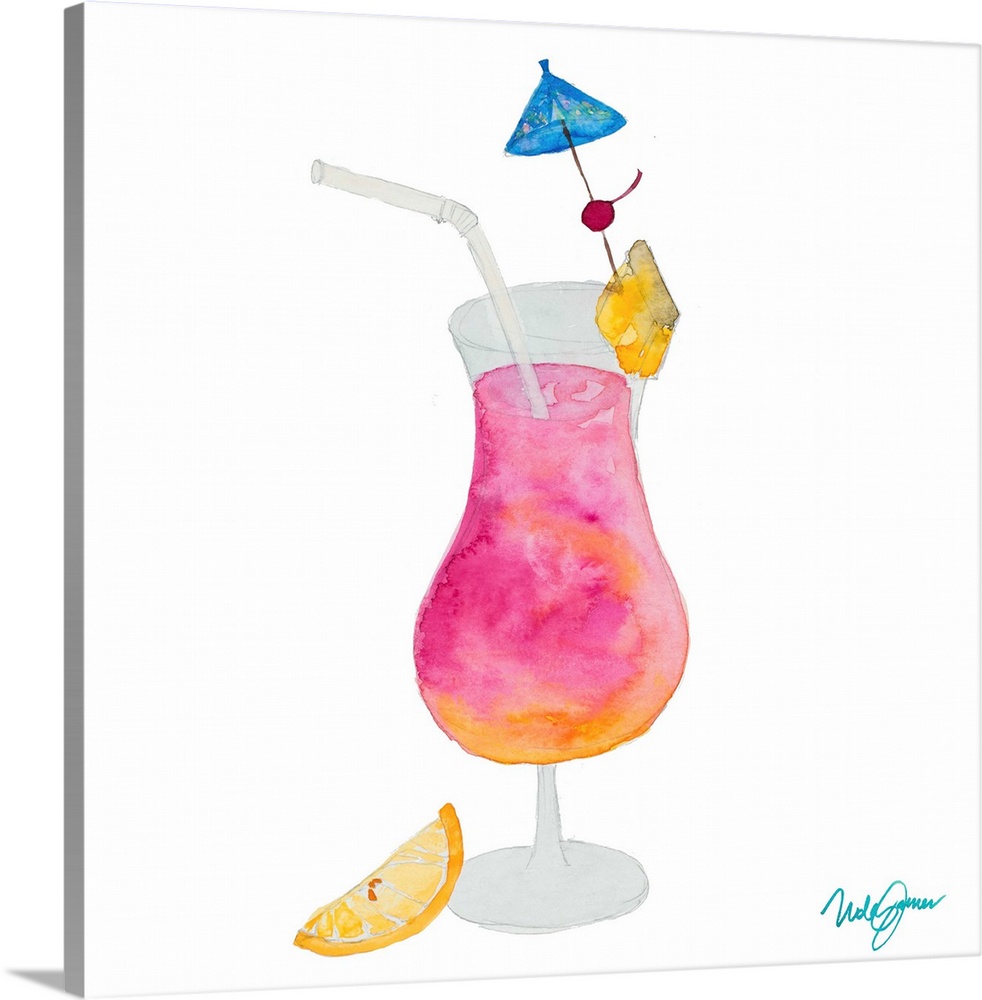 Square watercolor painting of a tropical pink and orange cocktail in a daiquiri glass with a drink umbrella, cherry, pinea...