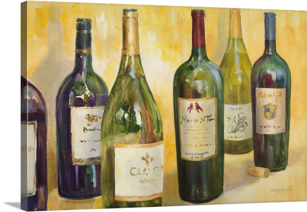 Still life painting of glass red and white wine bottles.