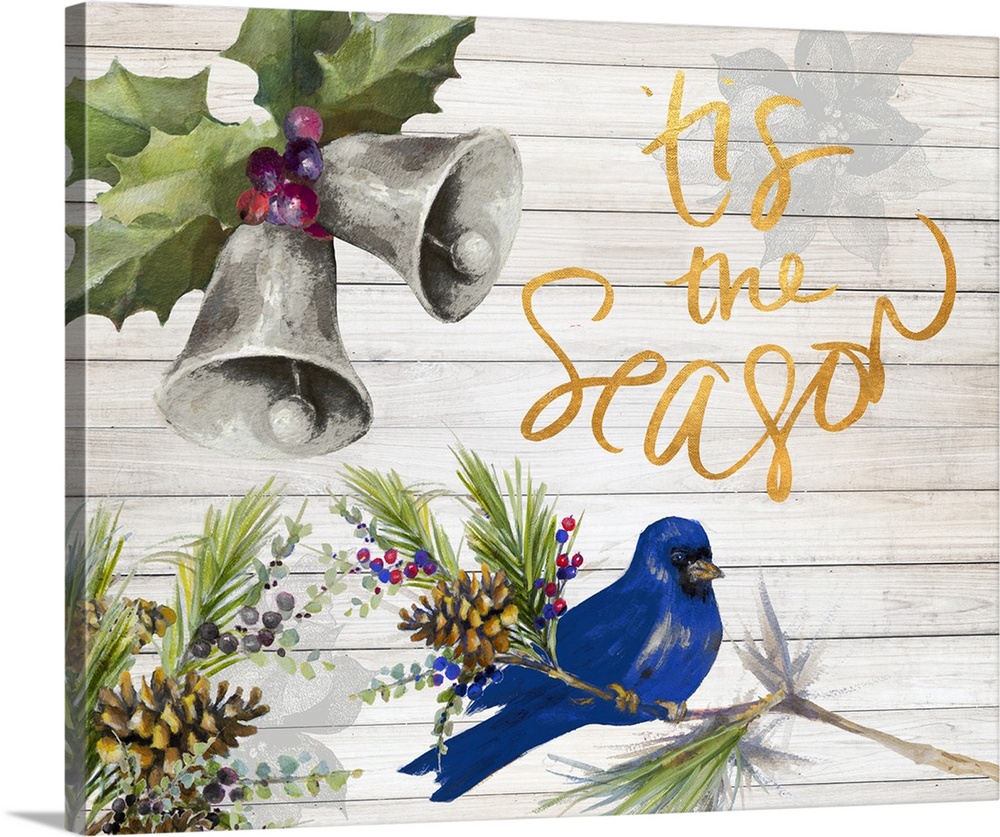 "Tis the Season" with watercolor bells and a blue bird on a white wood panel background.