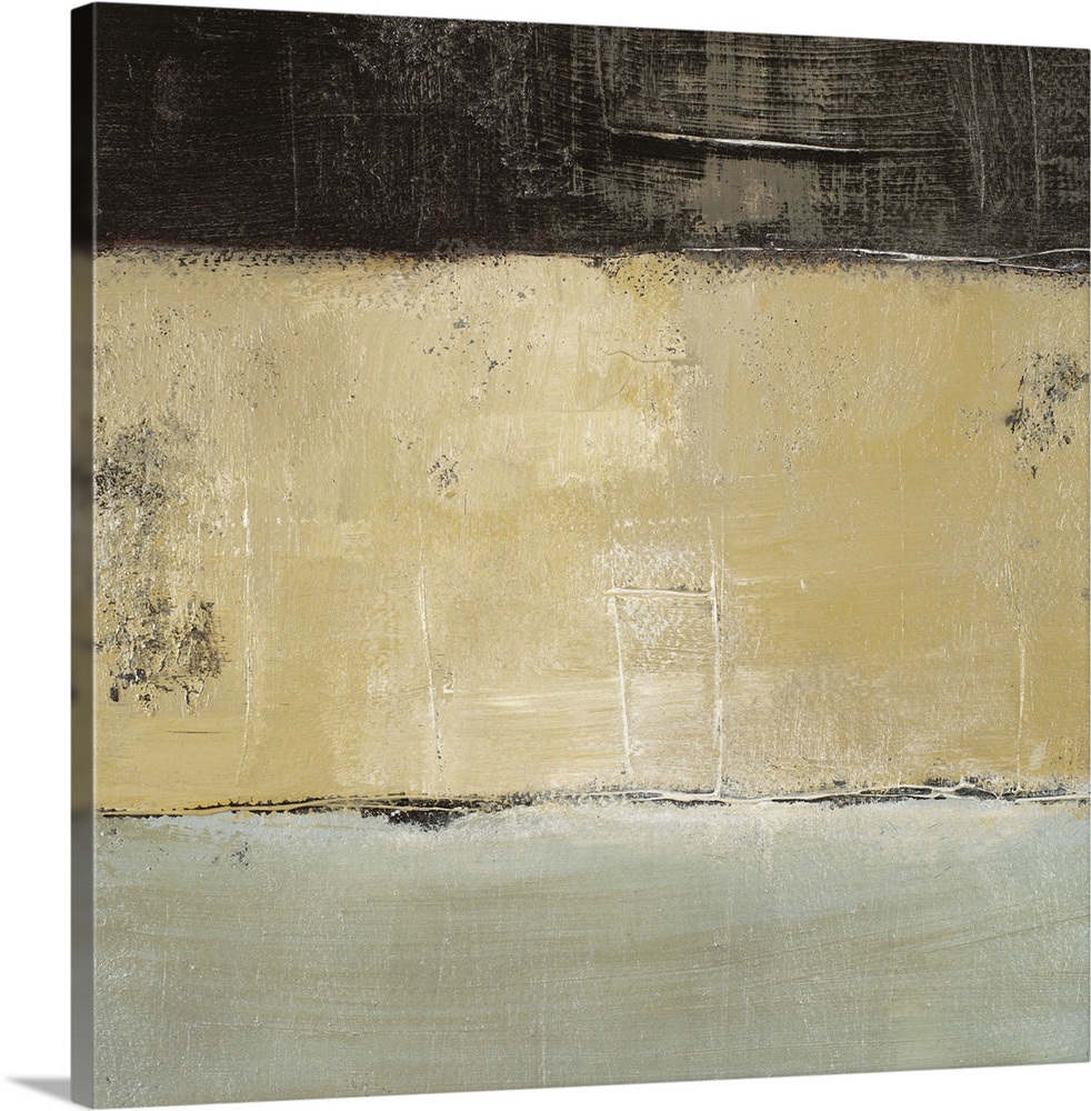This is a square abstract painting by a contemporary artist made with three stripes of neutral colors.