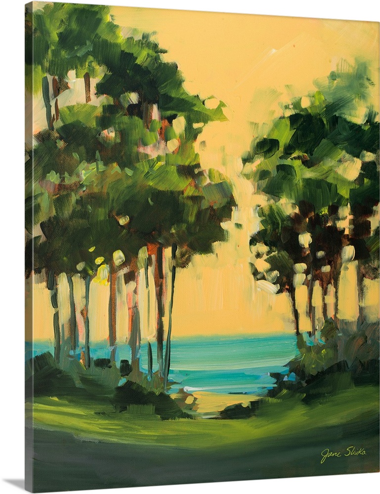 Contemporary landscape painting with trees near the ocean.