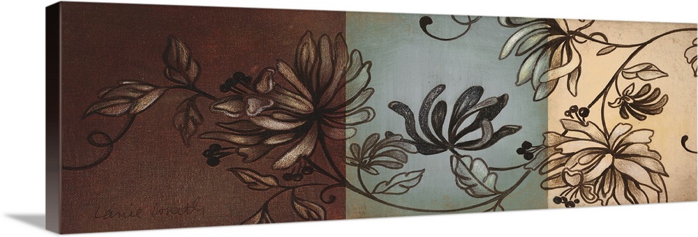 Panoramic painting of decorative floral design with geometric background made of squares.