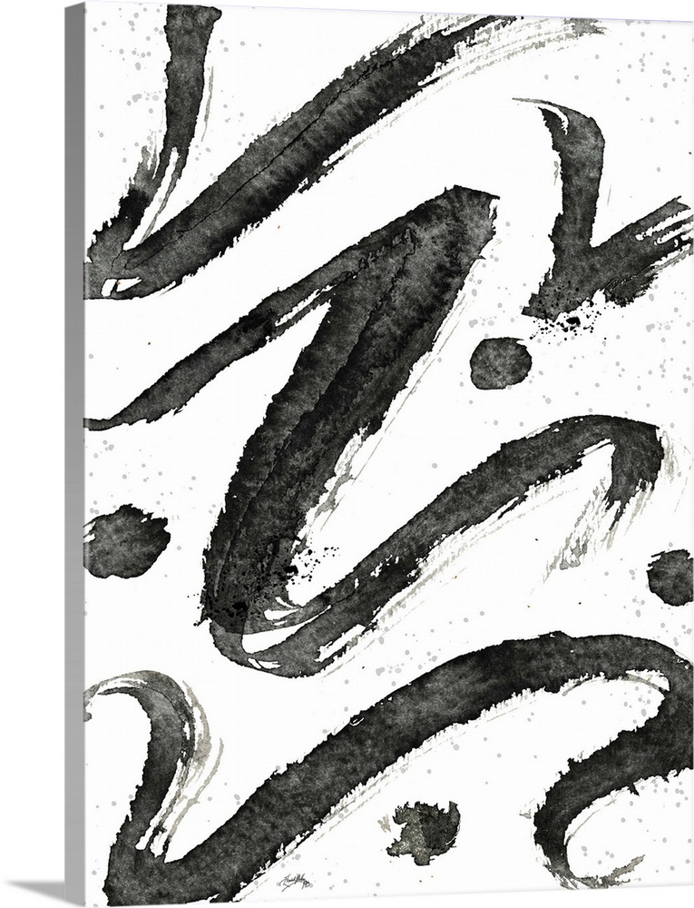 Black and white abstract painting of tribal swirls with "z" shaped lines.