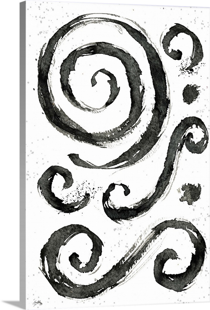 Black and white abstract painting of tribal swirls.