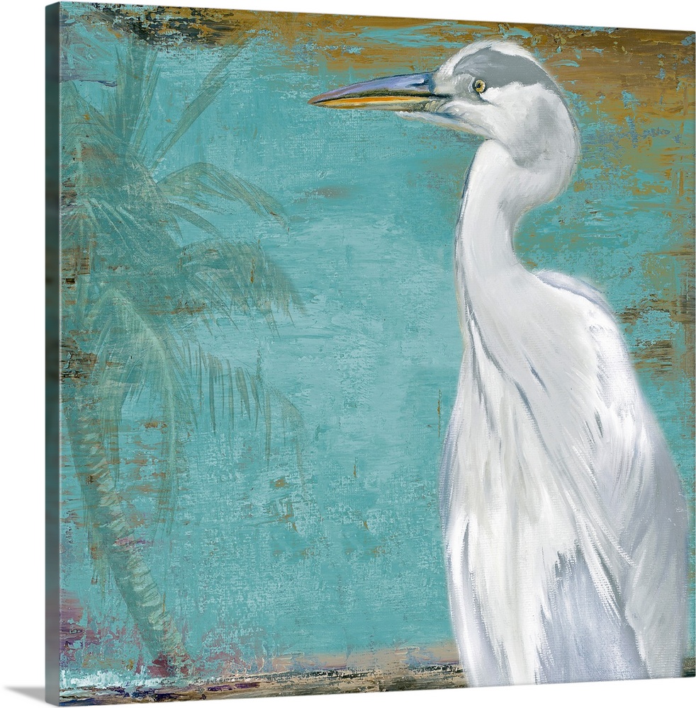 Docor perfect for the home of a painted white heron peering to the left where there is a faded palm tree.