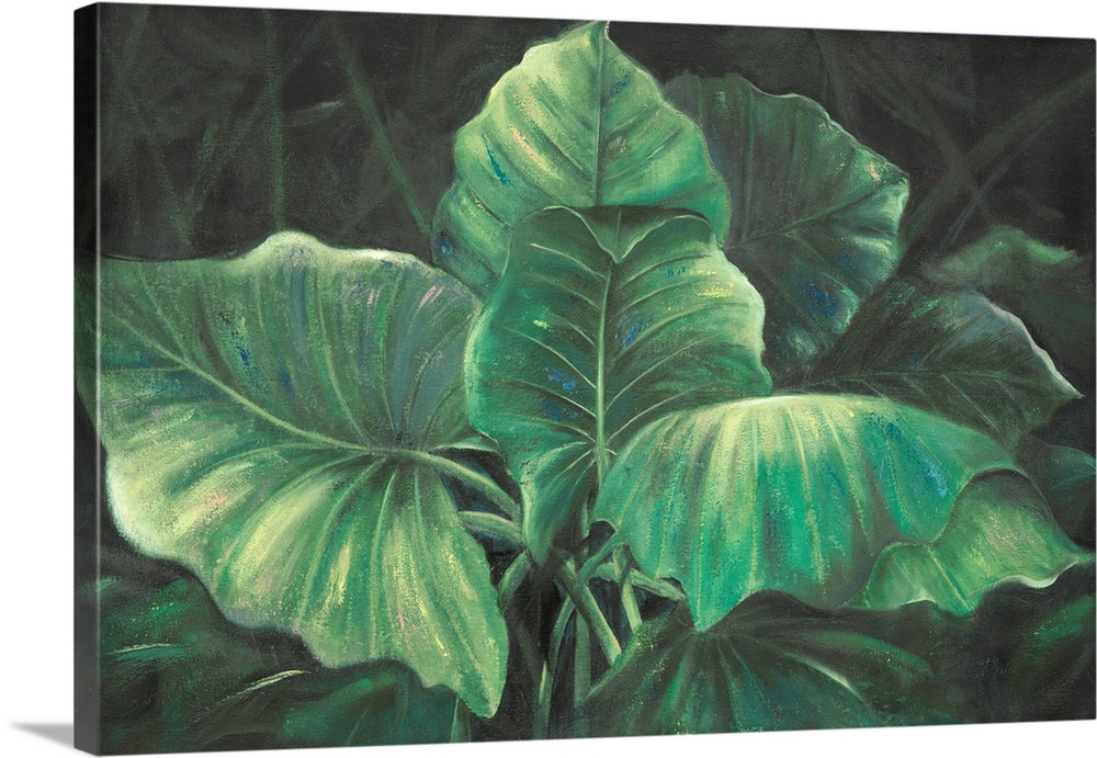 A cool toned contemporary painting of blue-green Esmeralda leaves.