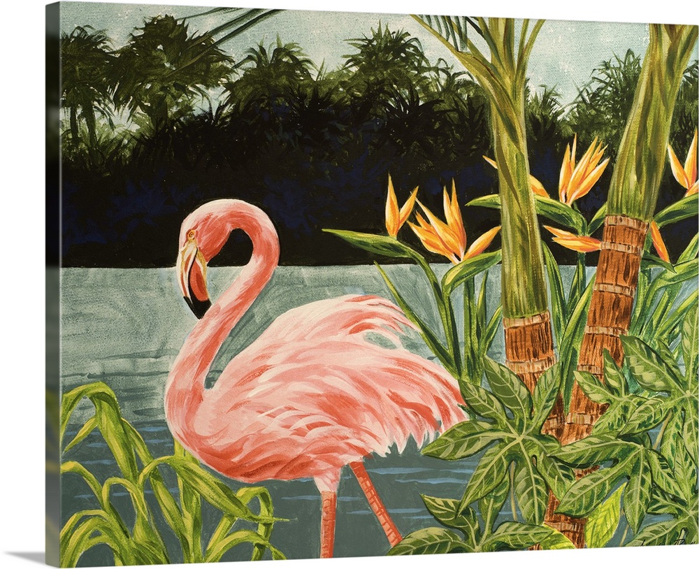 Contemporary artwork of a flamingo among tropical plants.