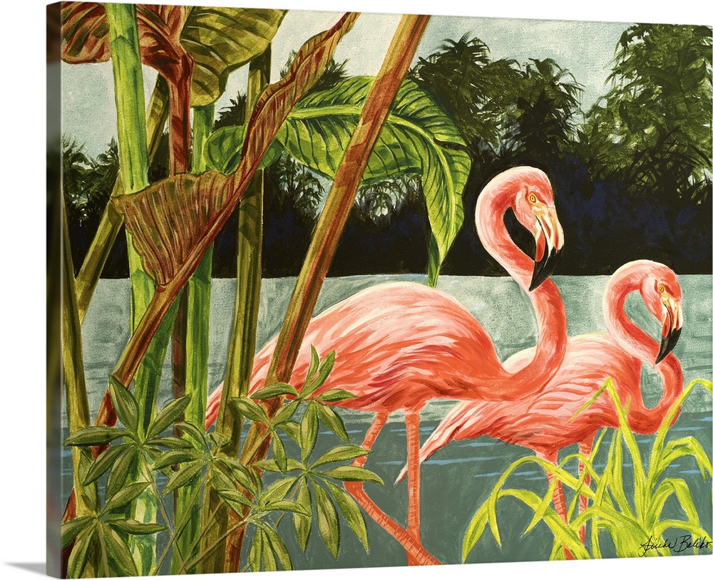 Contemporary artwork of two flamingos among tropical plants.