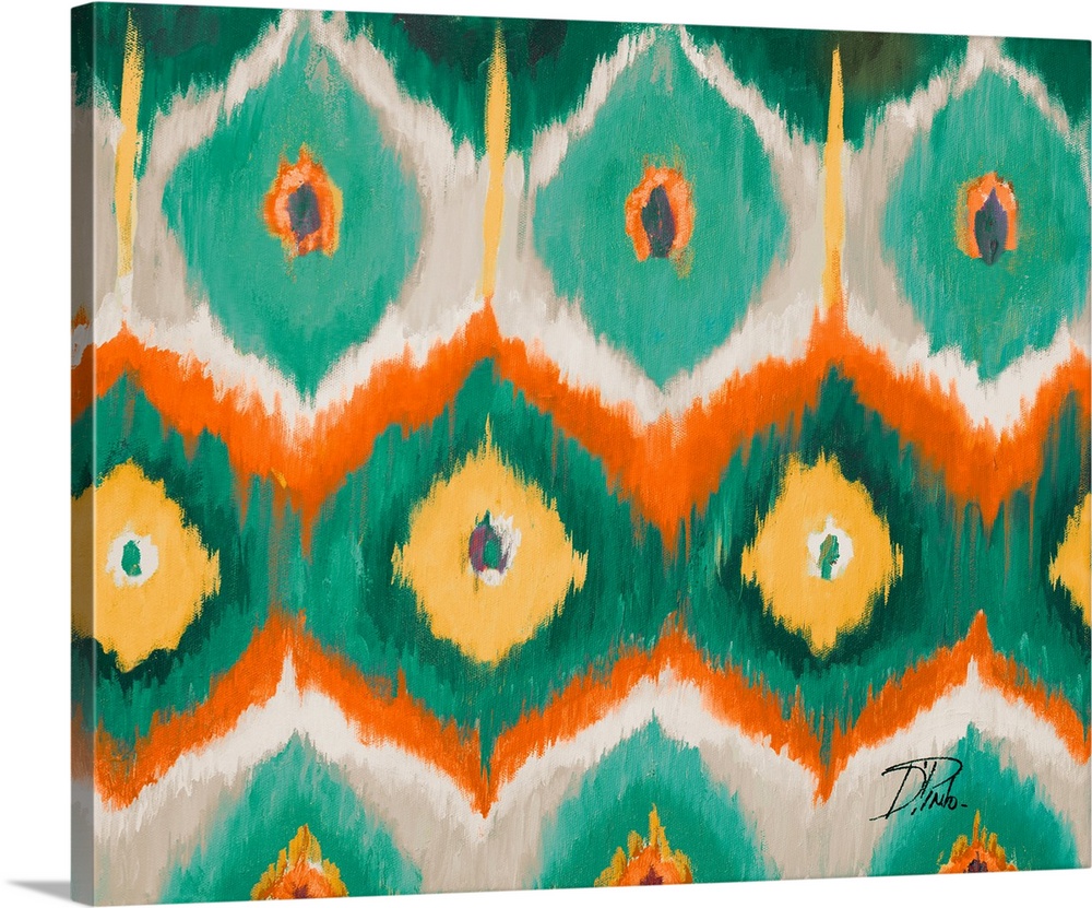 Contemporary painting of an Ikat pattern in vibrant tones of green orange and red.
