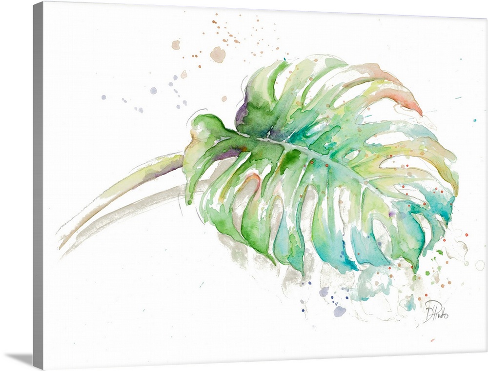 Contemporary artwork featuring a tropical watercolor leaf with paint splatters over a white background.