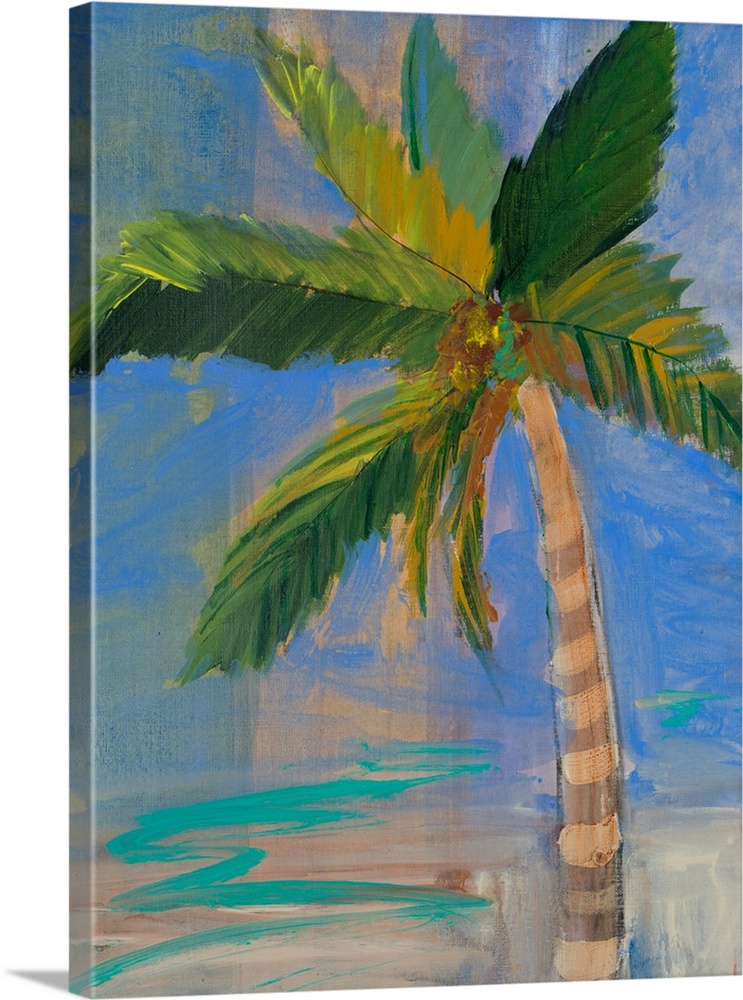 Contemporary painting of a palm tree against a deep blue sky.