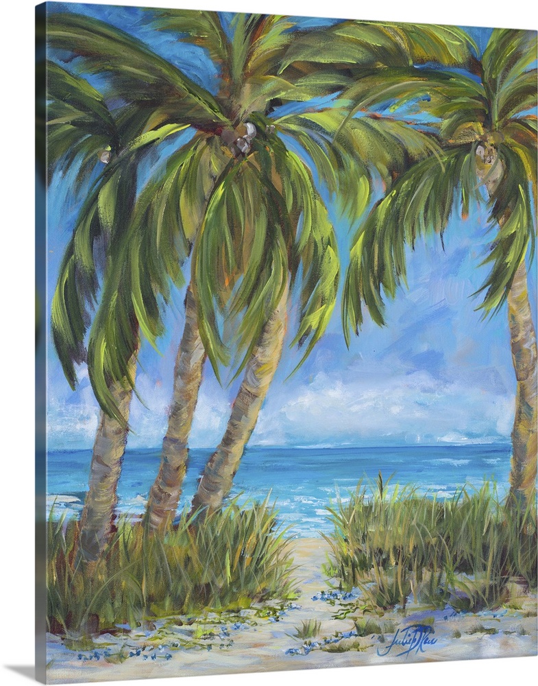 Contemporary painting of a relaxing beach scene with several palm trees swaying in the wind and a blue ocean behind them.