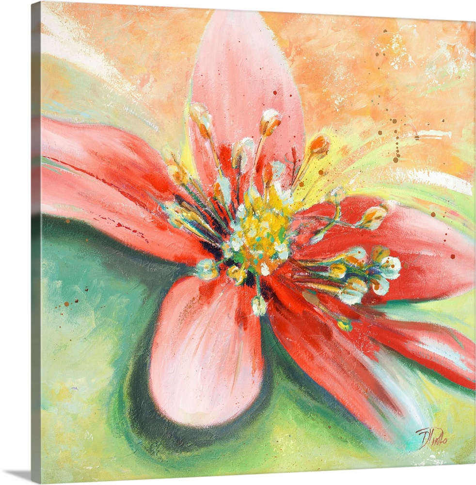 Contemporary painting of a vibrant red flower against a bright green and orange background.