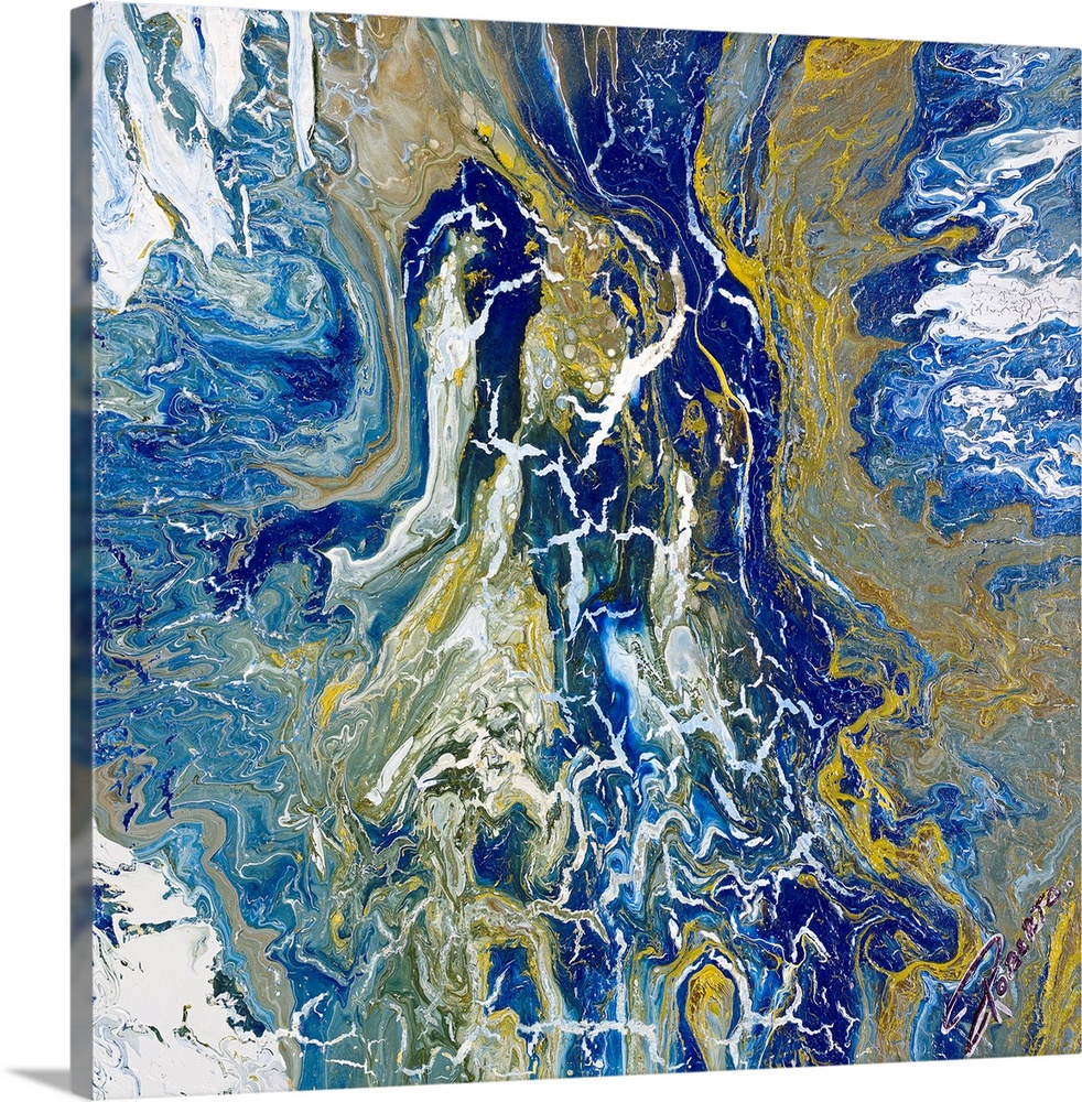 This is a square shaping painting with complimentary colors on a paint splattered and crackled surface.