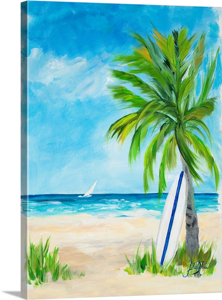 Contemporary painting of a white surfboard with a blue stripe down the middle leaning up against a palm tree on a sandy be...