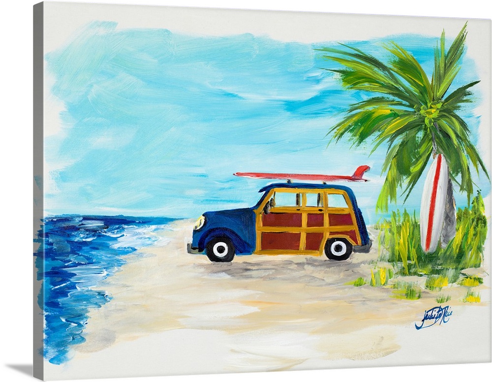 Contemporary painting of a blue and wood styled wagon parked on the sandy beach with a red surfboard strapped to the top a...
