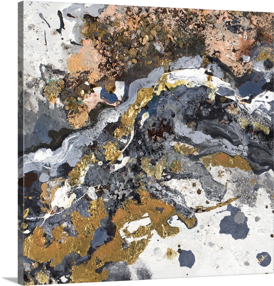 This contemporary artwork illustrates the feeling of agitation with mottled colors and gold foil texture throughout.