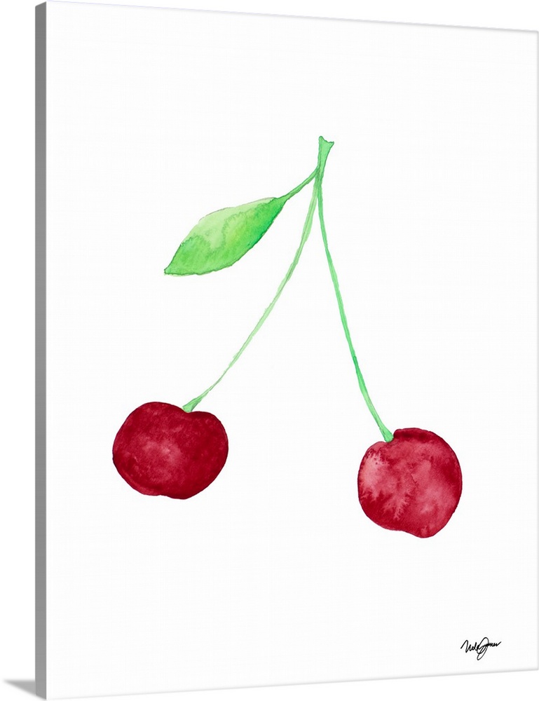 Watercolor painting of two cherries on a white background.