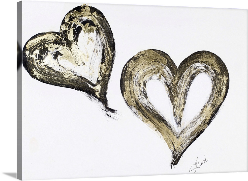 A painting of two black and gold hearts.