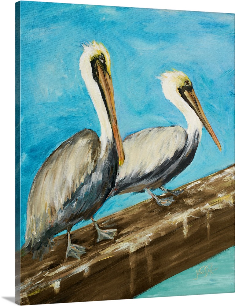 A contemporary painting of two pelicans resting on a wooden log with a blue background.