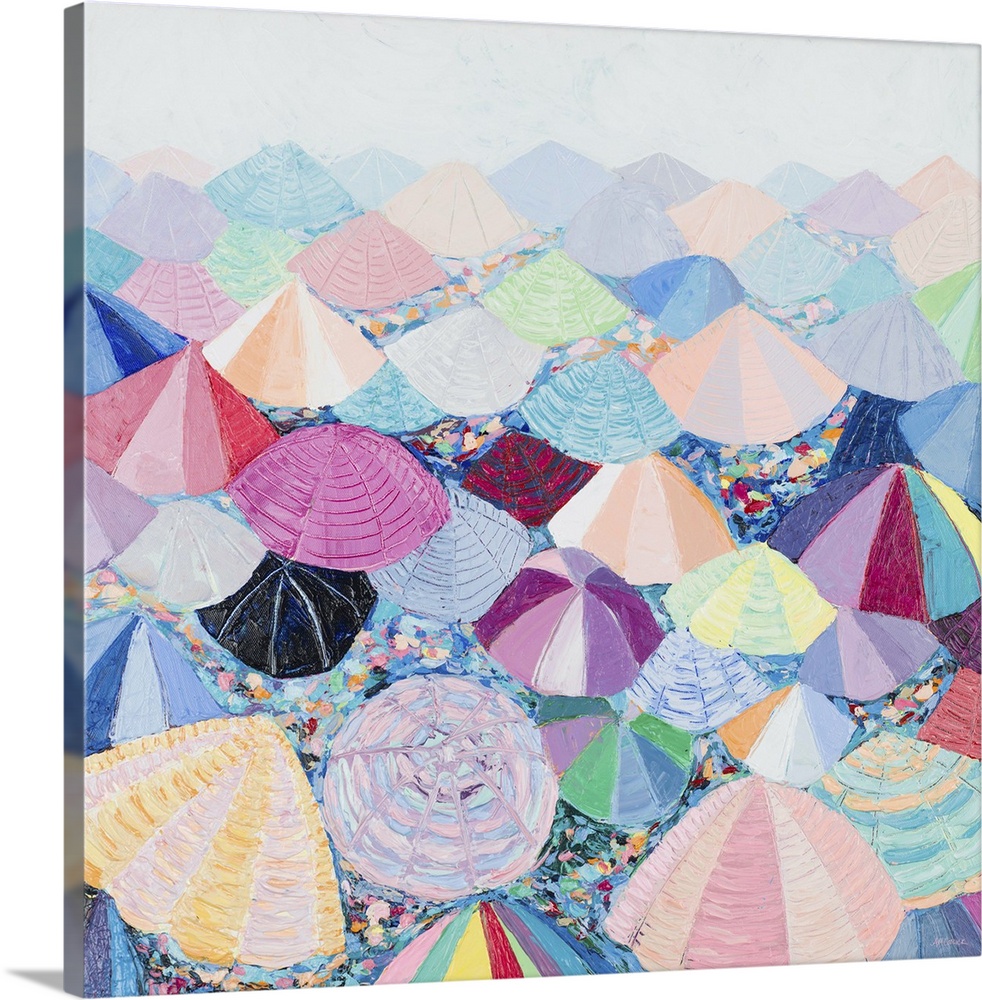 A contemporary painting of a beach scene with colorful umbrellas that have thick paint layers creating textural lines.