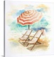 image thumbnail of Watercolor painting of two beach chairs and a striped umbrella in the sand.