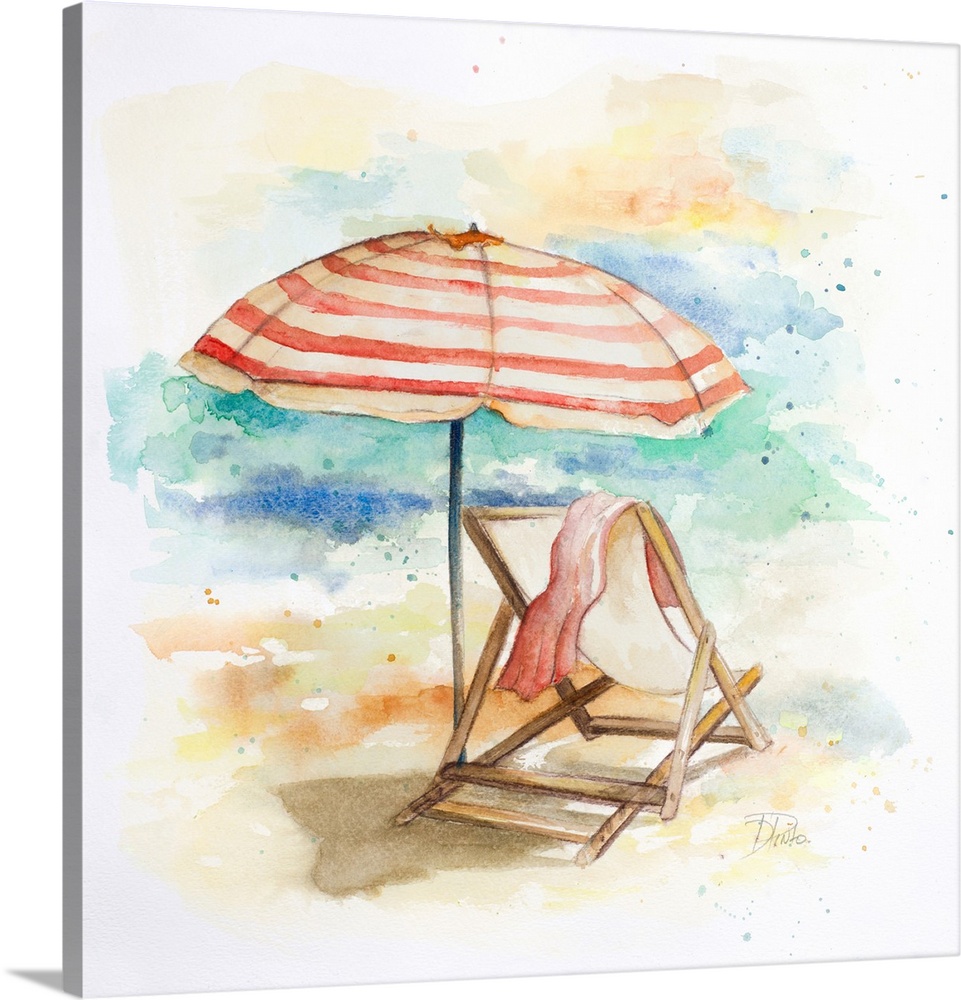 Watercolor painting of a beach chair and a striped umbrella in the sand.