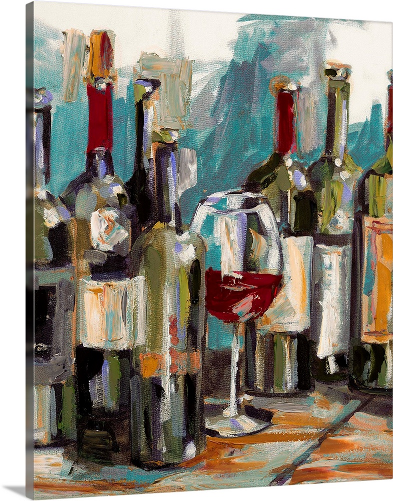 Several wine bottles are harshly painted with a glass of red wine sitting amongst them.