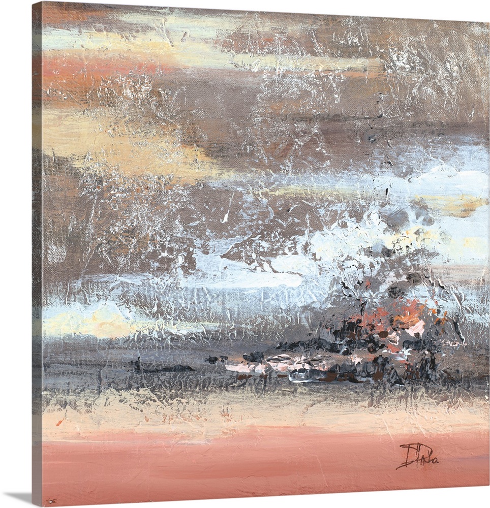 Abstract artwork featuring an industrial ambience with orange, yellow and light blue brush strokes throughout.