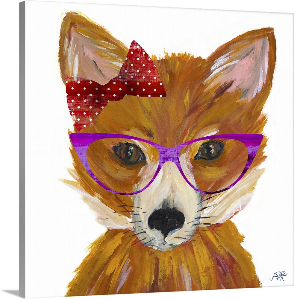Square painting of a female fox wearing purple glasses and a red bow with white polka dots.