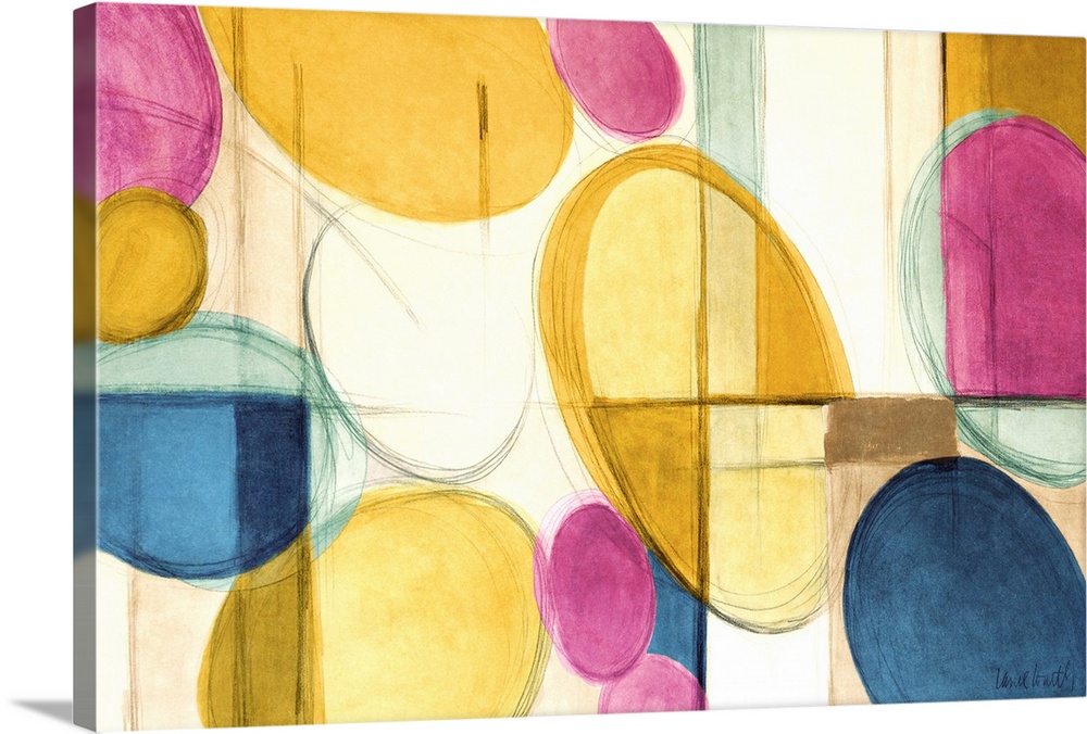 Abstract painting in colorful circular shapes and intersecting lines.