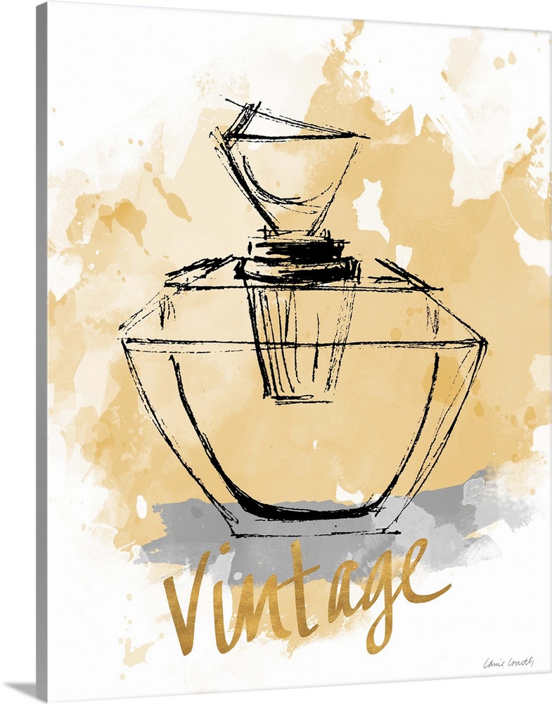 Black outline of a perfume bottle on a gold paint splatter background with the word "Vintage" written at the bottom in met...