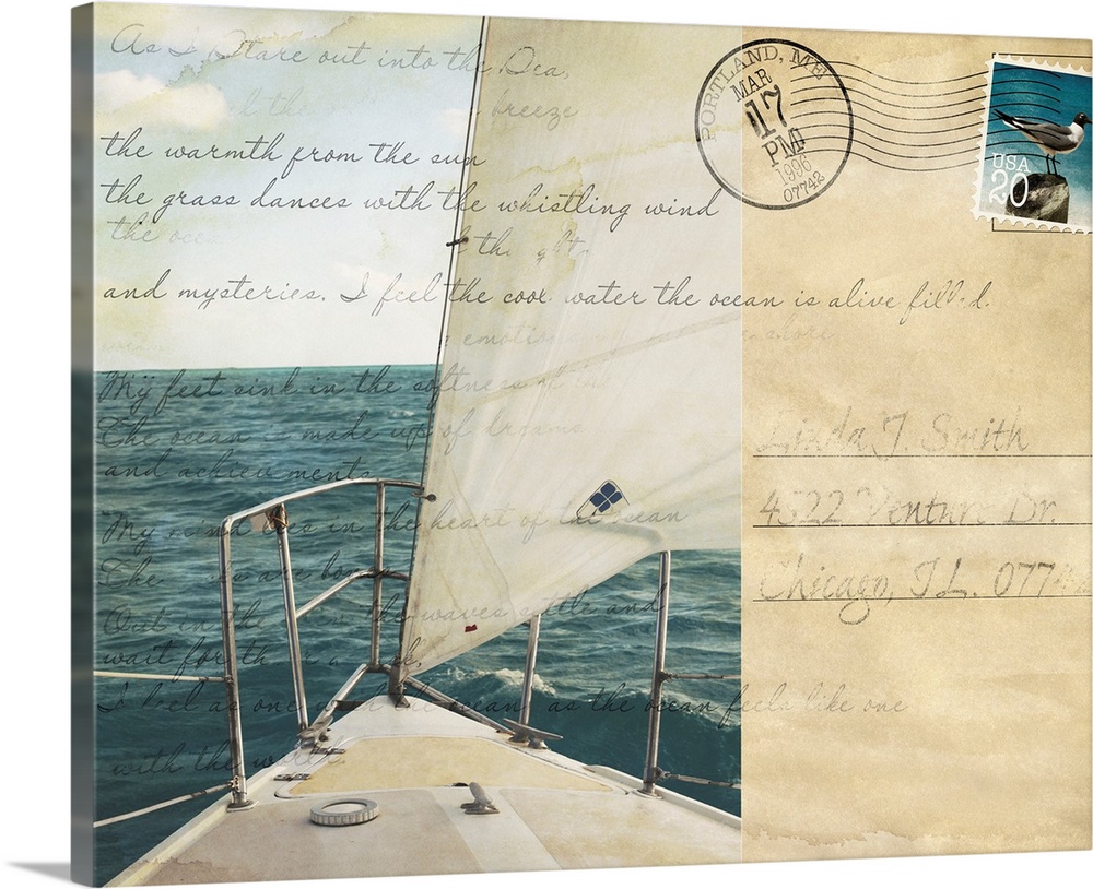 Big print of a postcard with the front tip of a sailboat sailing in the ocean on the left and handwriting overlaid on top.