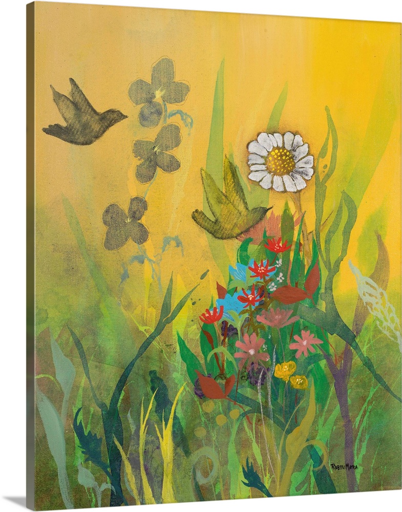 Contemporary painting of a daisy and other flowers in a garden with two small birds.