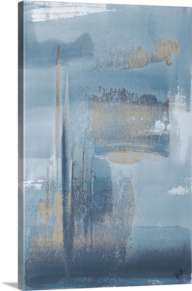 A vertical abstract painting with blue gray tones and texture that creates movement.