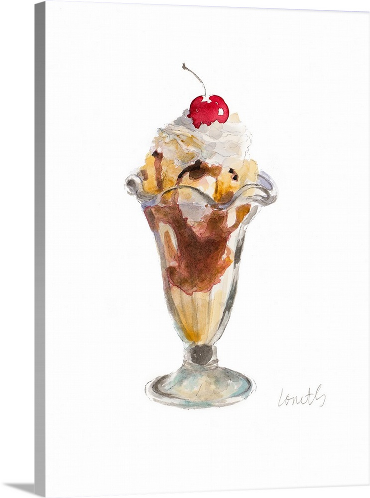 Watercolor painting of a classic ice cream sundae with a cherry on top.