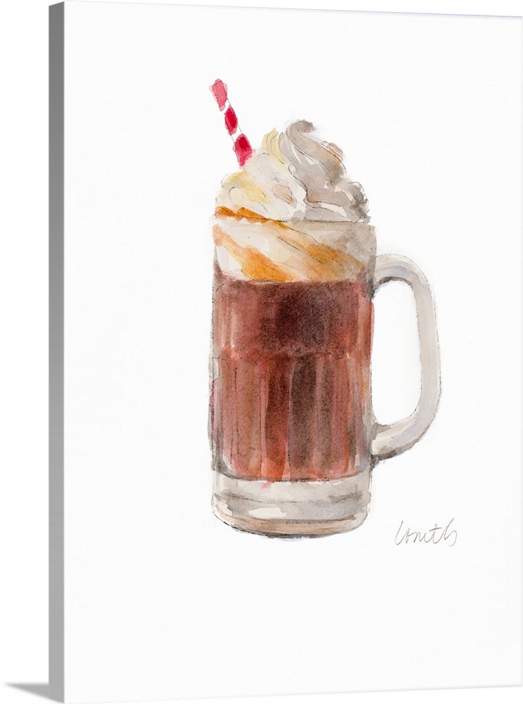 Watercolor painting of a classic root beer float with a red and white striped straw.