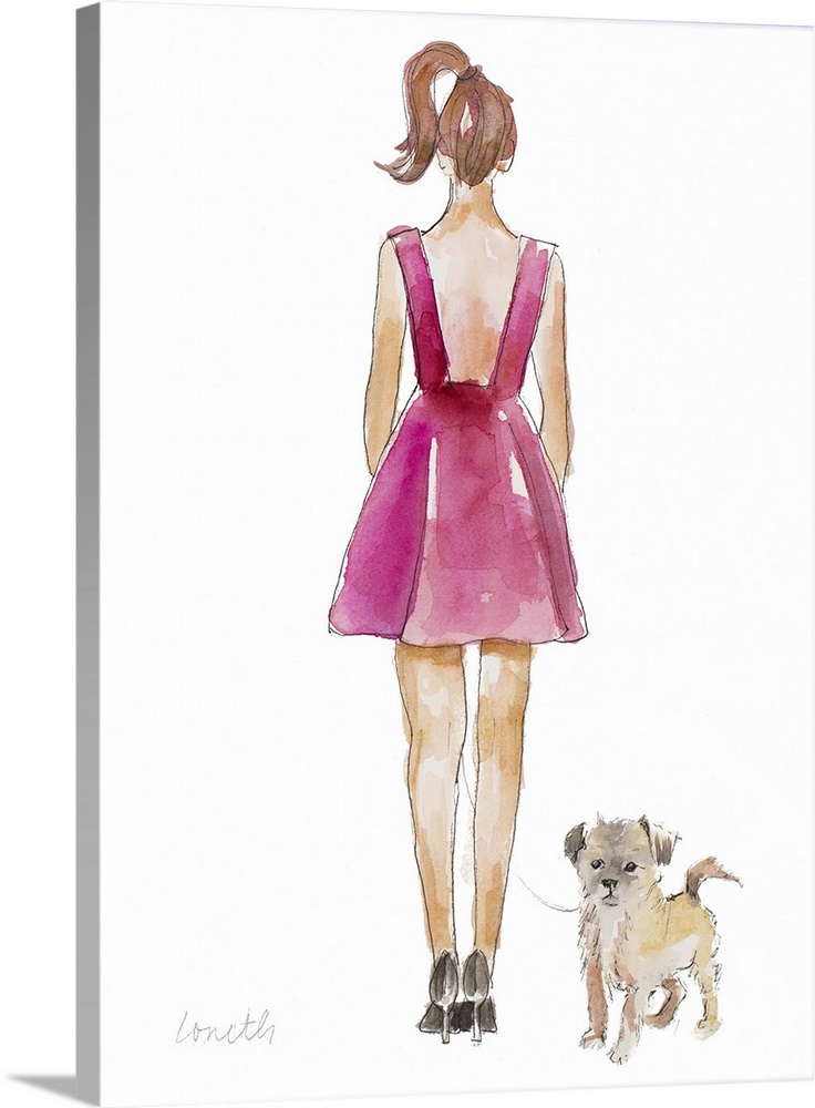 Watercolor painting of a girl wearing a pink dress with her back to us, walking her dog.
