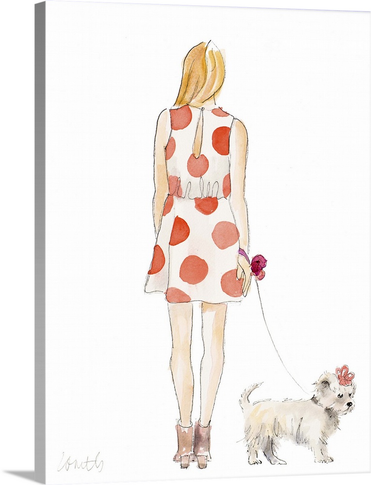 Watercolor painting of a girl wearing a white dress with orange polka dots with her back to us, walking her dog.