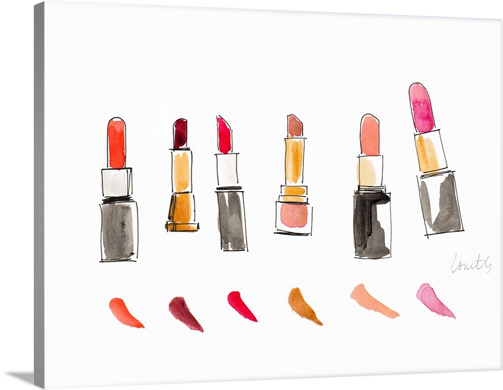 Watercolor painting of lipstick tubes in different shades of color with a sample of each color below its tube.