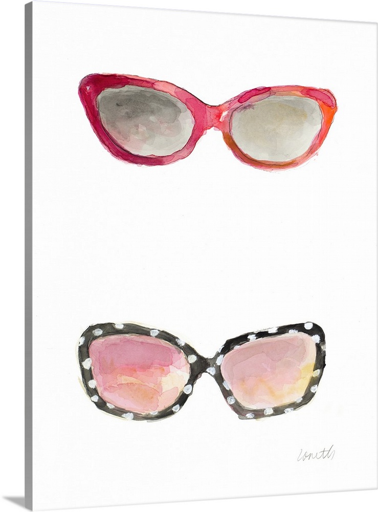 Water color painting of two pairs of sunglasses, one in shades of red and orange and the other black with white polka dots.