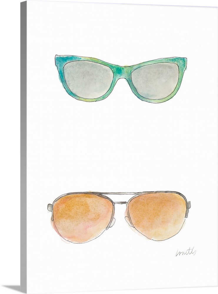 Watercolor painting of two pairs of sunglasses, one in blue-green and the other, aviators with orange tinted lenses.