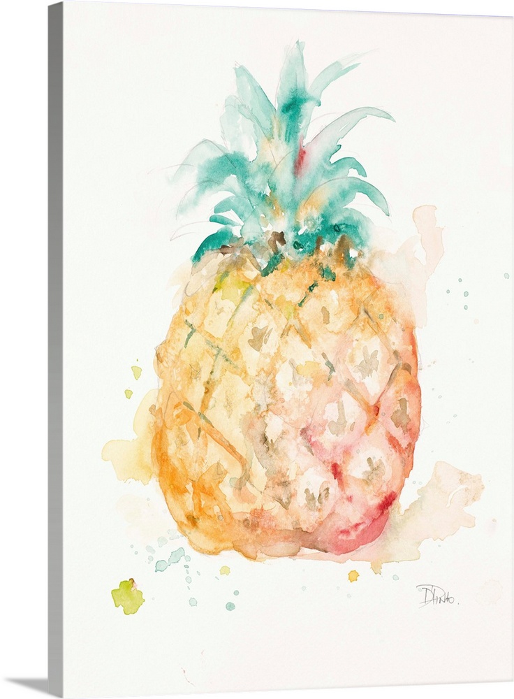 Watercolor painting of a pineapple with green, orange, and red hues on a white background with some paint splatter.
