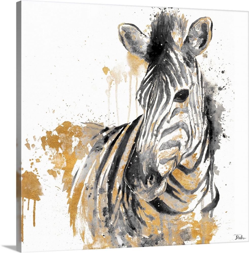 Watercolor painting of a zebra embellished with gold and paint splatters.