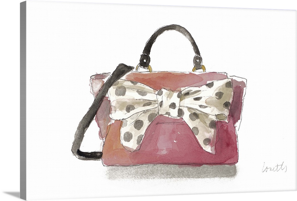 Watercolor painting of a light pink purse with a big white bow attached to it with black polka dots.